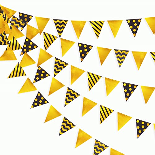 Image of 39 Ft Black Gold Triangle Pennant Banner Metallic Foil Polka Dot Stripe Paper Flag Bunting Garland Streamer for Birthday Anniversary Graduation Wedding Bridal Shower Party Decorations Supplies