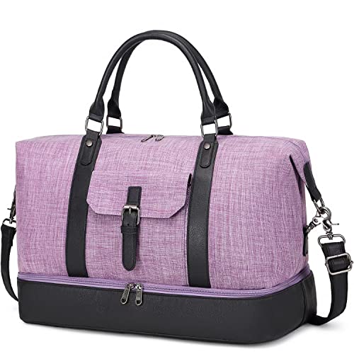 SHENHU Weekender Bags for Women Canvas Large Travel Duffel Bag Overnight Weekender Bag with Leather Shoes Compartment for Men Tear Resistant, A1- Purple