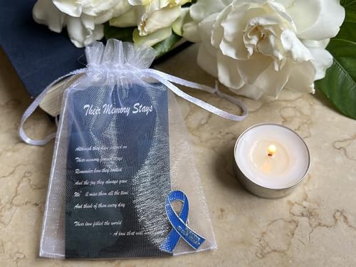 Image of 60 Set Funeral Ribbon Pins Memorial Pin Forever in Our Hearts Lapel Pin Remembrance Brooch with Prayer Cards & Organza Bags