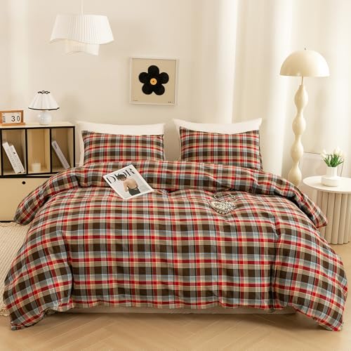 Image of ECOCOTT Buffalo Plaid Duvet Cover Queen Size- 3 Piece Washed Cotton Bedding Set with Classic Checkered Pattern, Red & Brown Duvet Cover with Pillowcases for All Seasons