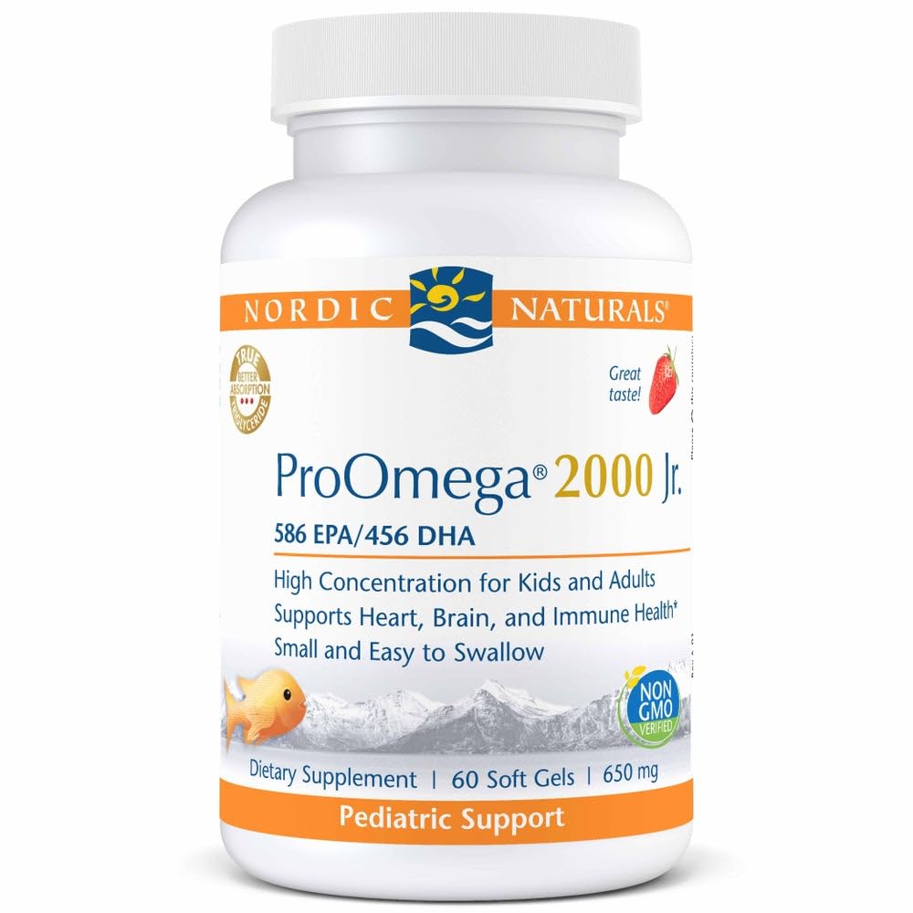 Nordic Naturals ProOmega 2000 Jr., Strawberry Flavor - 60 Soft Gels - 1120 mg Omega-3 - Ultra Potent Fish Oil - EPA & DHA - Promotes Brain, Heart, & Immune Health - Non-GMO - 30 Servings