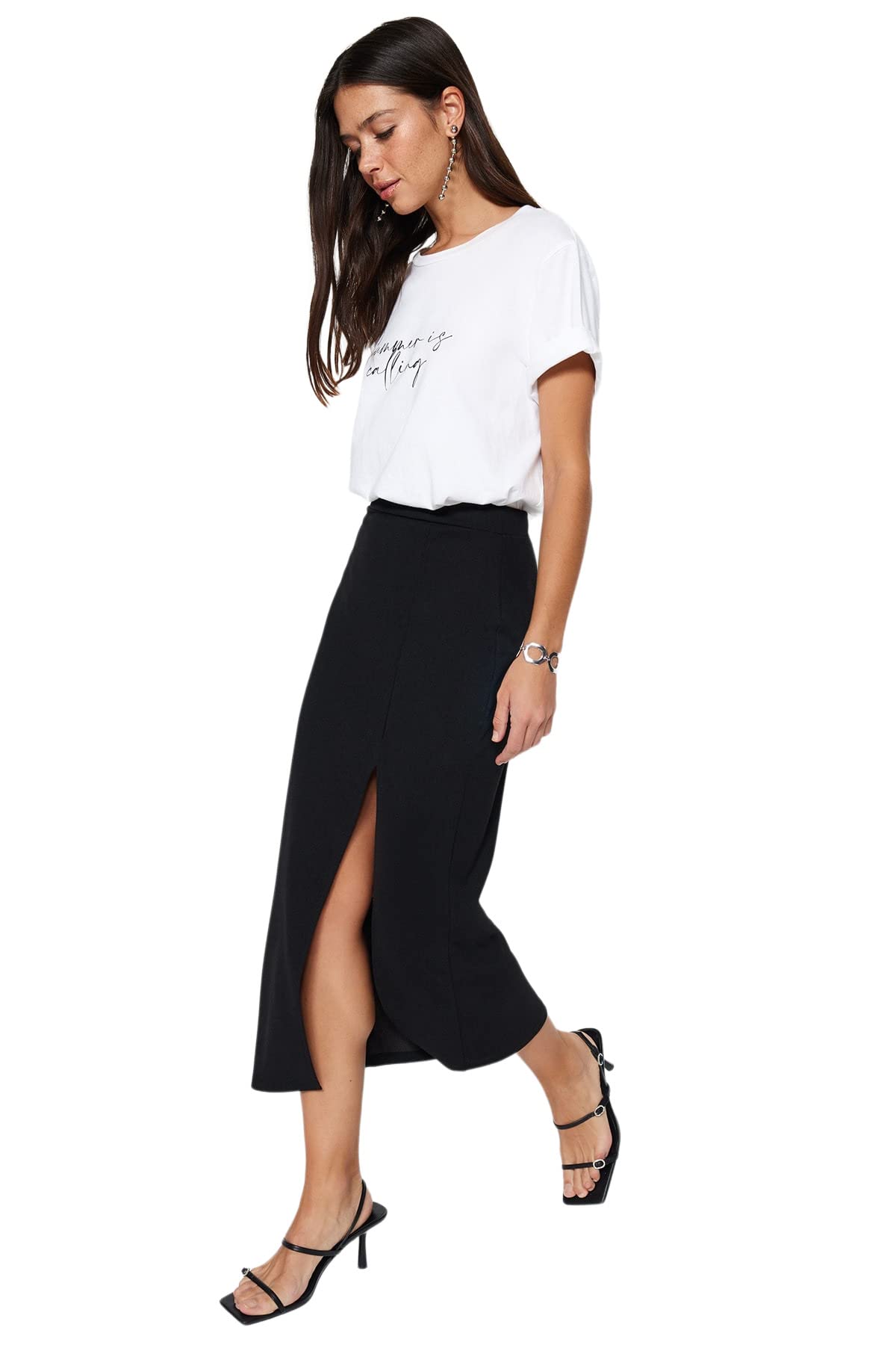 Trendyol Black Smart Crepe With Slit Detail Maxi High Waist Elastic Knitted Skirt