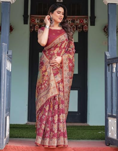 Image of SIRIL Women's Cotton Linen Printed Handloom Saree with Unstitched Blouse Piece