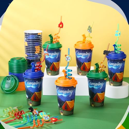 Yungyan 36 Sets Camping Party Favors Goodie Cups with Lids and Straws for Birthday Decorations Reusable 16oz Plastic Candy Cups Plastic Straws for Birthday Party(Camping) by Yungyan - Used condition - Image 2