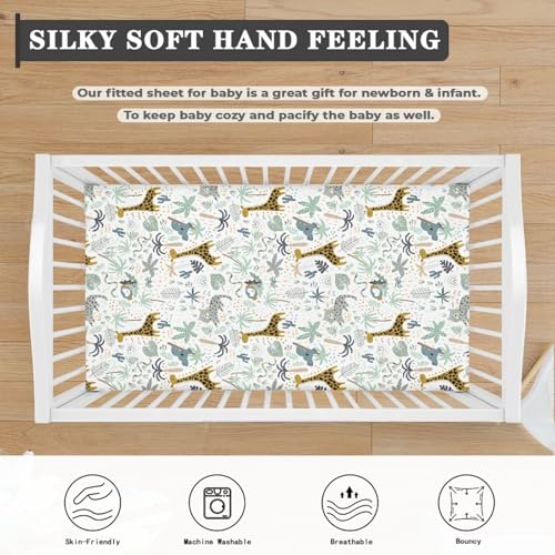 Image of Giraffe Baby Crib Sheets for Boys Girls Animals Fitted Crib Sheet for Standard Crib and Toddler Mattress Green Leaves Baby Mattress Sheets Toddler Bed Sheet 52x28x8 in