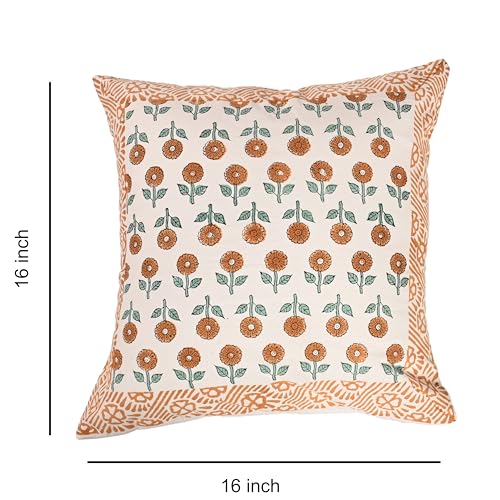 Image of Cotton Cushion Covers 16x16 Inch - Hand Block Floral Print Pillow Covers for Sofa, Couch & Bedroom Pack of 5, Yellow