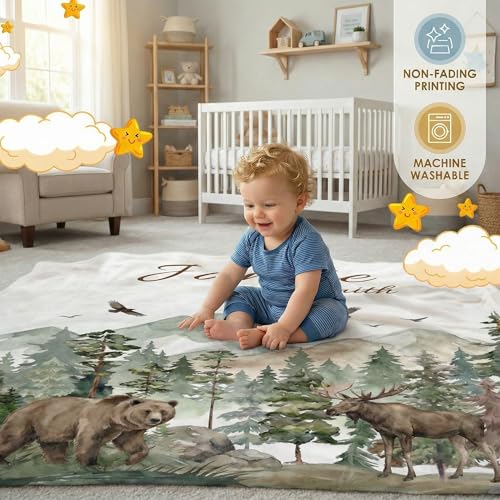 Image of Personalized Baby Blanket with Name, Custom Name Blanket for Kids Soft Flanne Blankets in Easter Personalized Baby Gifts for Infant Newborn Shower (Forest)