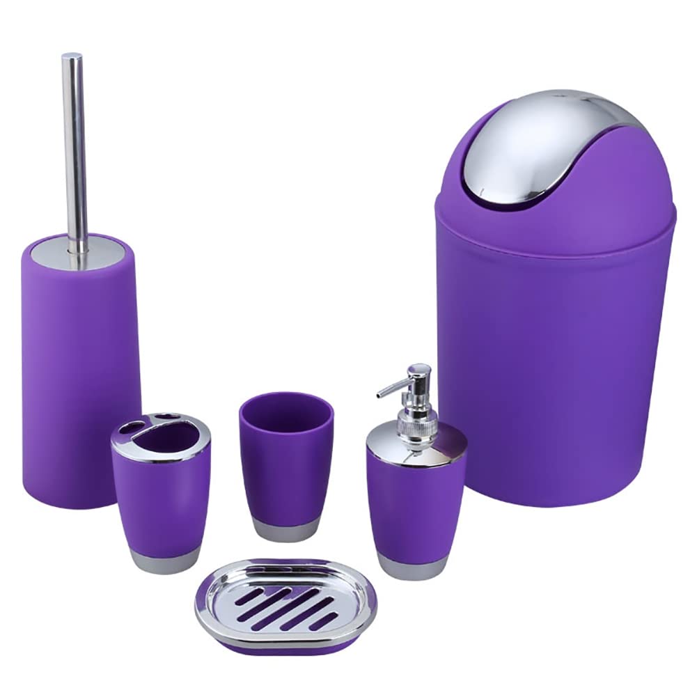 Worparsen Purple 6Pcs Bathroom Accessories Set, Lotion Bottle Toothbrush Mouthwash Cup Waste Bin Soap Dish Toilet Brush Kit