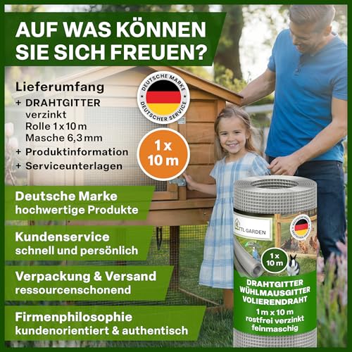TTL GARDEN 1m x 10m Drahtgitter feinmaschig rostfrei verzinkt 6,3mm Masche 0,55 mm Draht Stärke - auf Rolle Maschendraht Volierendraht Hasendraht Wühlmausgitter 10m x 1m breit 6,3 mm Maschenweite
