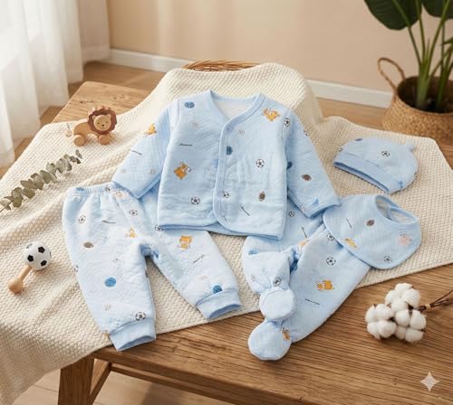 Image of Newborn Baby Winter Wear Set | 5-Piece Warm Clothing for Baby Boy & Girl (0-3 Months) - Jacket, Pants, Bib & Booties Winter Wear Clothes Winter Dess Clothing (White)