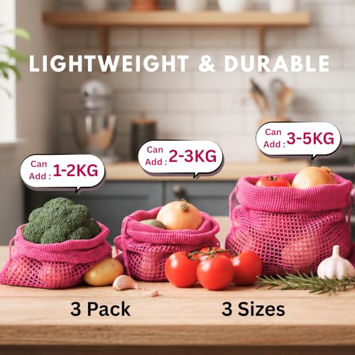 Image of Vegetable Bag for Fridge (3 pcs), Fridge Storage bags with Drawstrings, 100% Cotton Vegetable Storage Bags for Refrigerator, Keeps Veggies Fresh Longer, Eco-Friendly Fridge Bag (Onion Pink - 3 Pack)