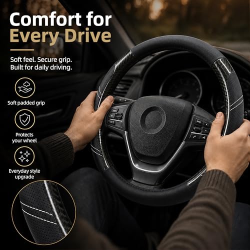 Image of Elantrip Sport Leather Steering Wheel Cover 14 1 /2 inch to 15 inch Universal, Padded Soft Grip Breathable for Car Truck SUV Jeep, Anti Slip Odorless Carbon Fiber Black