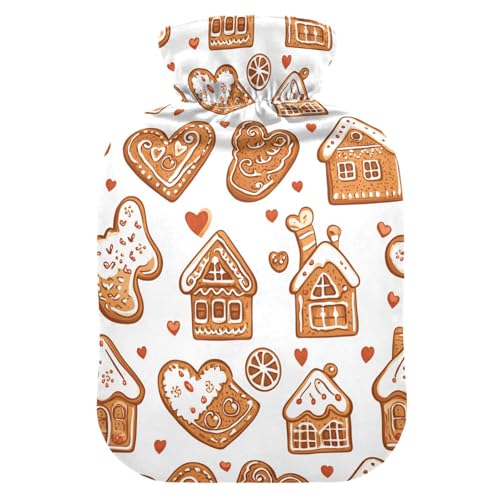 YNNALE Cute Christmas Cookies Brown and White Hot Water Bottle with Cover, 2Liter Soft Velvet Winter Warm Water Bag for Neck and Shoulder Pain Relief Period Cramps Bed Hand Feet Warmer