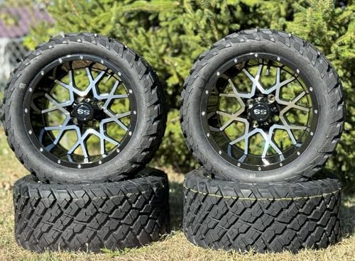 14 Inch Machined Black Fusion Golf Cart Wheels & Tires Set of 4, 23x10-14 All Terrain Tires DOT Certified Golf Cart Wheels Compatible with EZGO, Club Car, YMH,5 or 6