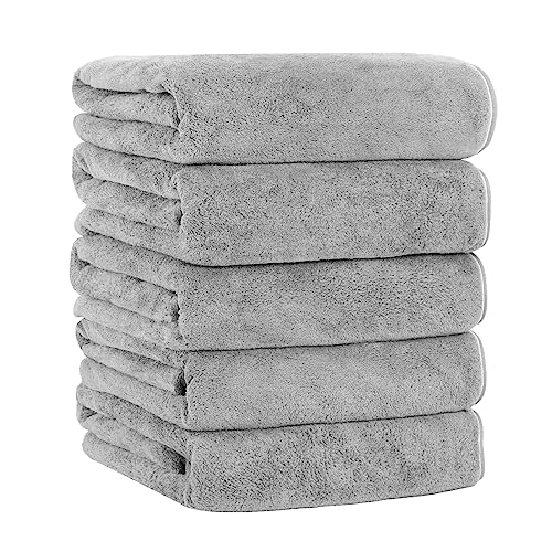 バスタオル マイクロファイバータオル 5枚セット タオル 60*120cm ふわふわ なめらか 高速吸水 速乾 家庭用 ギフト (60*120cm, ライトグレー)