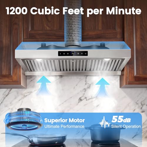 Image of 36 Inch Under Cabinet Range Hood 1200CFM, 4-Speed Kitchen Hood with Touch Control & Gesture Sensing Stainless Steel Kitchen Stove Vent Hoods with 2 LED Lights Pro Series