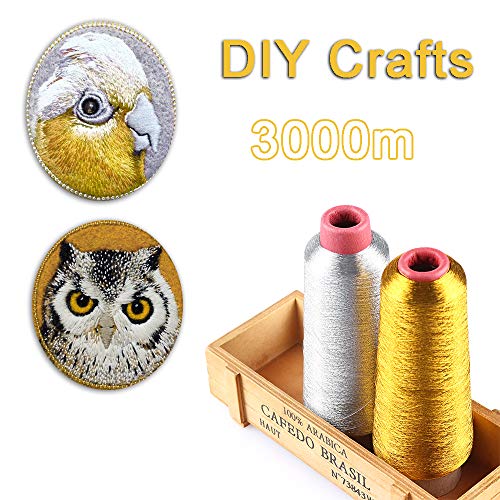 2 Pack Gold & Silver Embroidery Thread Sewing Machine Thread, Cross-Stitch Thread Line Textile Metallic Yarn Woven Line for Embroidery and Decorative Sewing, 3000M/3280 Yards Per Spool - Thumbnail 6