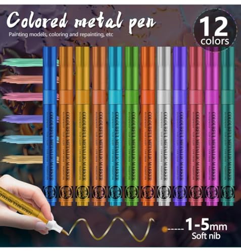 Image of HUBTURE Acrylic Paint Marker Pen Set - Metallic Colors, Medium Point Tip - Non-Toxic Art Markers for Rock, Ceramic, Glass, Wood, Fabric, Canvas, Craft Projects(COLOURFUL METALLIC MARKER)