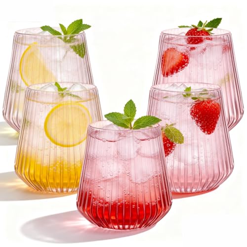 N9R 40 Count Pink Plastic Wine Glasses Disposable 14oz - Elegant Origami Ripple Design Shatterproof & Disposable for Whiskey Cocktail Champagne Parties Weddings Events