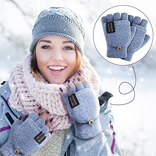 Satinior 4 Pairs Fingerless Gloves With Cover Convertible Mittens Knitted Gloves For Women Men (Black, Light Grey, Light Blue, Navy Blue), One Size #TOP6
