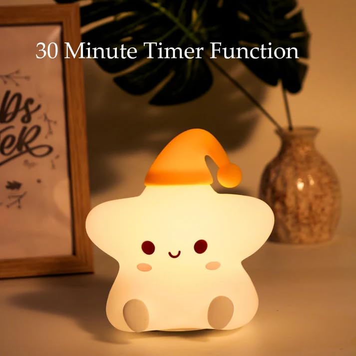 Image of XERGY Cute Silicone Star Night Light - 7 Color Changing LED Lamp, USB Rechargeable, Tap Control, Timer- Soft Silicone Mood Lamp for Kids, Bedroom, Nursery & Gifts