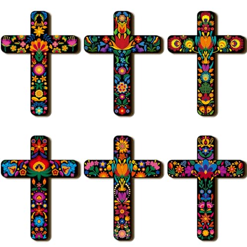 Soaoo 6 Pcs Floral Cross Wall Decor Mexican Home Decor Hand Painted Inspirational Wooden Cross The Ofrenda of The Dead Day Sugar Skull Wall Art Spanish Style Crucifix for Home Room Church Decoration