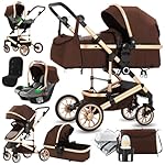 Blahoo 3 in 1 Kinderwagen Kombikinderwagen,Baby-Kinderwagen für Neugeborene,faltbare Aluminium-Legierung Kinderwagen mit verstellbarer Rückenlehne,Bassinet Kinderwagen(khaki)