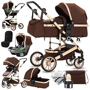 Blahoo 3 in 1 Kinderwagen Kombikinderwagen,Baby-Kinderwagen für Neugeborene,faltbare Aluminium-Legierung Kinderwagen mit verstellbarer Rückenlehne,Bassinet Kinderwagen(khaki)