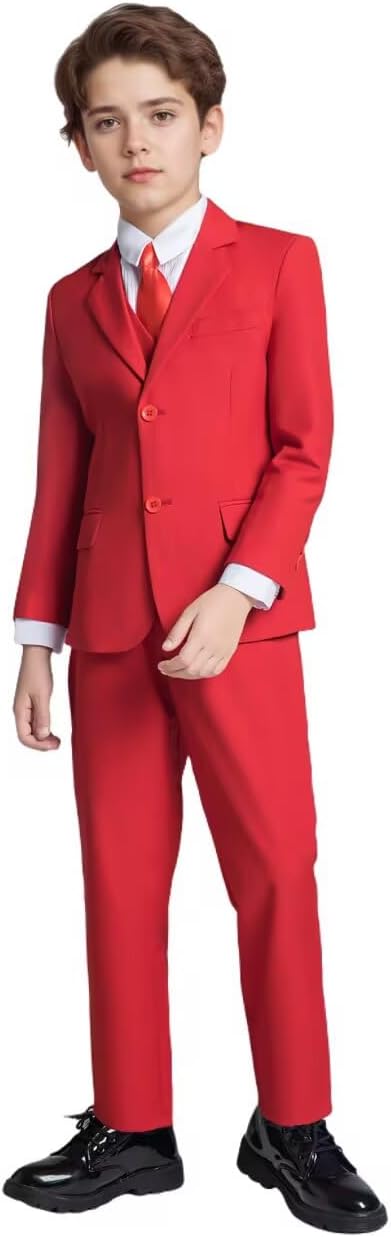Boys Slim Tuxedo Teenage Plaid Suit 5 Piece Wedding Party Shirt Vest Jacket Pants Bowtie