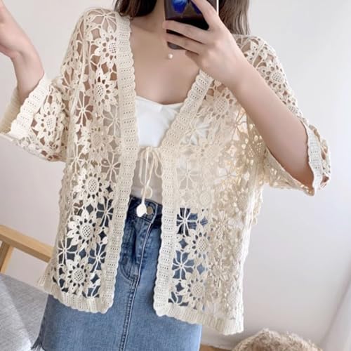 Chevara Women’s Casual Summer Lace Cardigan 3/4 Sleeve Floral Crochet Tie Front Cardigans Shrug Sweaters3