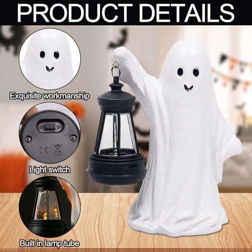 Halloween Deko Figuren, Halloween Deko Geister mit LED Lichtern, Halloweens Statue, Geist mit Laterne, Süße Geister Skulptur Deko Licht Ghost Ornament für Helloween Dekorationen Tischdeko Innen, Party
