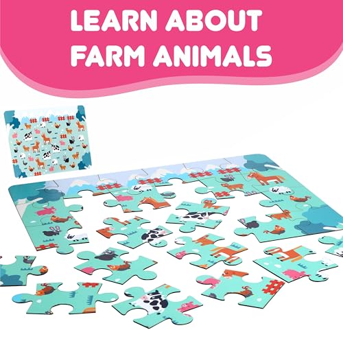 Image of Farm Animal Floor Puzzle | Wooden Jigsaw Puzzle for Kids | Fun Facts Animal Puzzles, Educational Toys, Gifts for Boys & Girls Ages 4+ Years (28 Pieces)| Puzzle and Scrabble Game for Kids