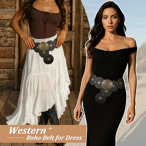WERFORU Women Wide Western Disc Belt Cowgirl Boho Leather Belt for Jeans Dress4