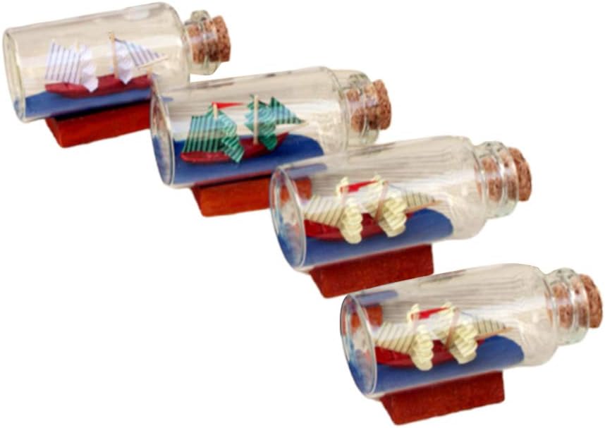 ARTIBETTER 4pcs Mini Glass Bottles Ornaments Sailboat Model Ship in Wish Bottles Glass Mediterranean Style Nautical Decoration for Home Office 27x27x59mm (Random Color)