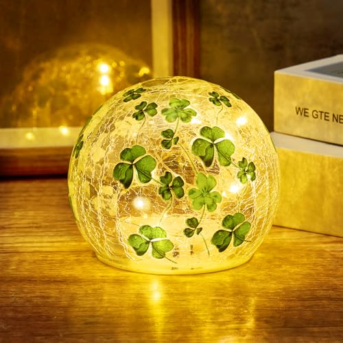 TTQ [Timer] 1 Pcs St Patricks Day Decoration,3.93'' Lighted Decorative Glass Ball,Shamrock Crackle Globe Night Light,Decorative Balls Glass Orb Table Lamp for Home Table Centerpieces Decor Gift