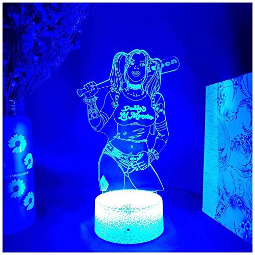 GEZHF Harley Quinn par Suicide Squad 3D Illusion lampe Cool maison fête noël vacances décoration rétro-éclairage cadeau LED veilleuse capteur-16 couleurs avec télécommande Cover