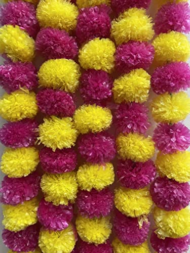 Image of SPHINX Artificial Marigold Fluffy Flower Garlands (Yellow & Rani Pink, 5 Pieces)