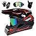 Produktbild UIGJIOG Downhill Motorradhelm Kinder, Helm Set Herren ATV Motorradhelm D.O.T Zertifizierter Helm Mit Brille Handschuhe, Integralhelm MTB Inklusive 4 Größen Helmfutter,A
