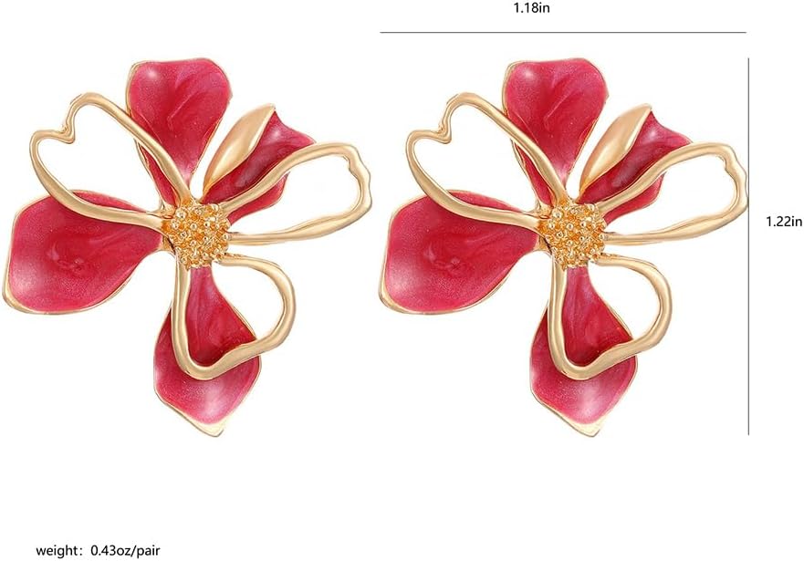 Trendy Retro Gold Red Double-Layered Hollow Floral Earring for Women, Statement Cute Enamel Flower Petal Earrings Boho Holiday Party Jewelry Accessories - Image 2