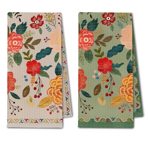 ChissNook Vintage Boho Floral Kitchen Towels Retro Colorful Flower Dish Tea Towels Drying Cloth for Kitchen Boho Wildflower Green and Beige Decorative Hand Towels for Bathroom 16x24 Inch Set of 2