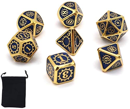 DollaTek 7PCS Metal Polyhedral Dice Set with Black Storage Bag for Role Playing Game Dungeons and Dragons D&D Math Teaching(Gear Gold and Blue)
