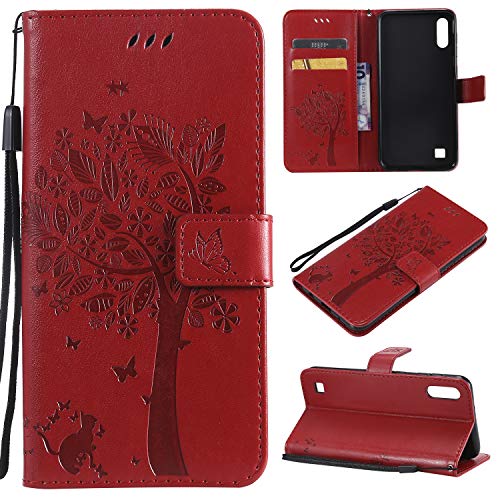 Fatcatparadise Cover per Samsung Galaxy A10/M10, Custodia Samsung A10/M10, Custodia Portafoglio a Libro in Pelle Flip Cover e TPU Silicone con Funzione Supporto Chiusura Magnetica (Rosso)