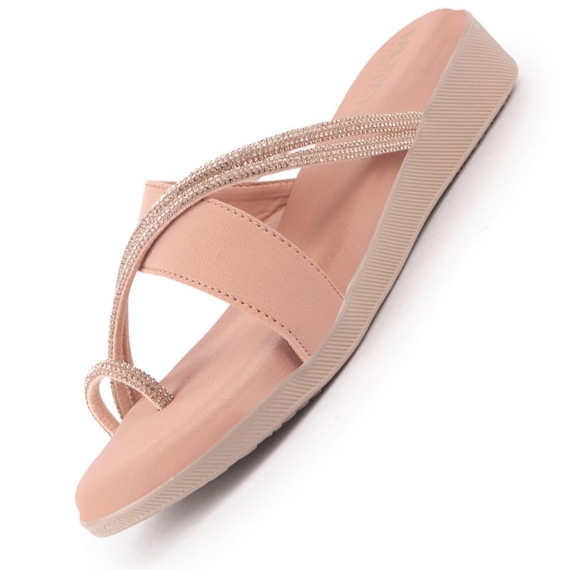 Image of FAUSTO Women Embellished Shimmery Cross Strap Toe Ring Wedding Slip On Slippers | Soft Cushioned Footbed Wedge Sandals | Party, Mehndi, Festive