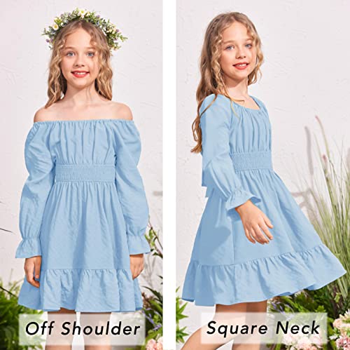 Arshiner Girls Kids Dress Long Sleeve Twirly Tie Back Casual Winter Tiered Dresses Clear Blue 8-9Y #TOP1