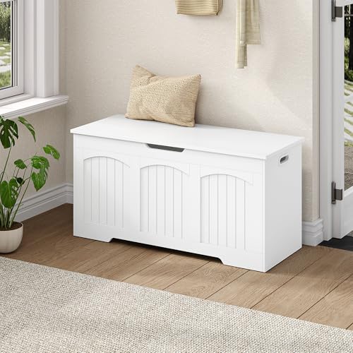 Fobyfurny Coffre de Rangement, Banc de Rangement, avec Charnières de Stabilité et Poignées Latérales Creuses, pour Entrée, Chambre, Salon, 100 x 40 x 48 cm, Blanc FFXD103PW1