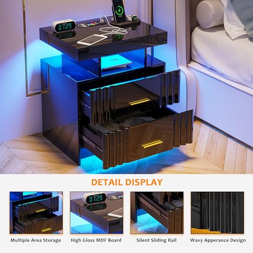 Skktkt Nightstand Set Of 2 With Charging Station, Black Led Night Stand With 3 Drawers, High Gloss Bedside Table With Auto Sensor 24-Color Light/Wireless/Type-C/Usb Charging For Bedroom thumb #6
