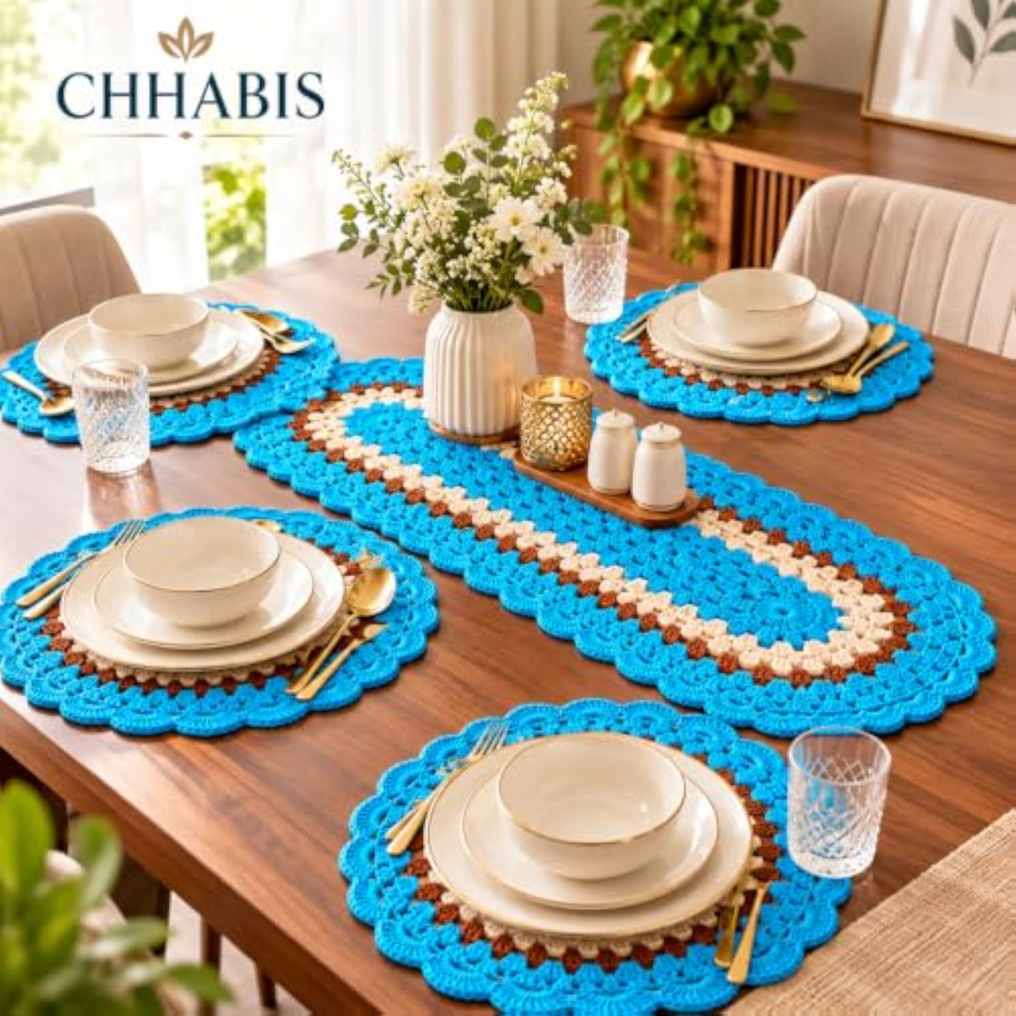 CHHABIS Crochet Dining Table Mat Set Blue Brown Cream