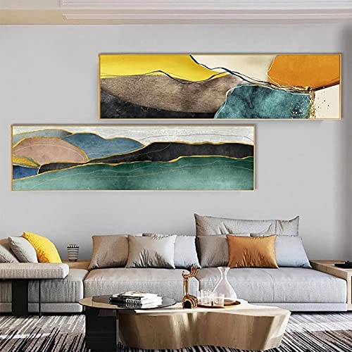 Toile peinture salon abstrait doré grand format 50x200cm décoration murale moderne