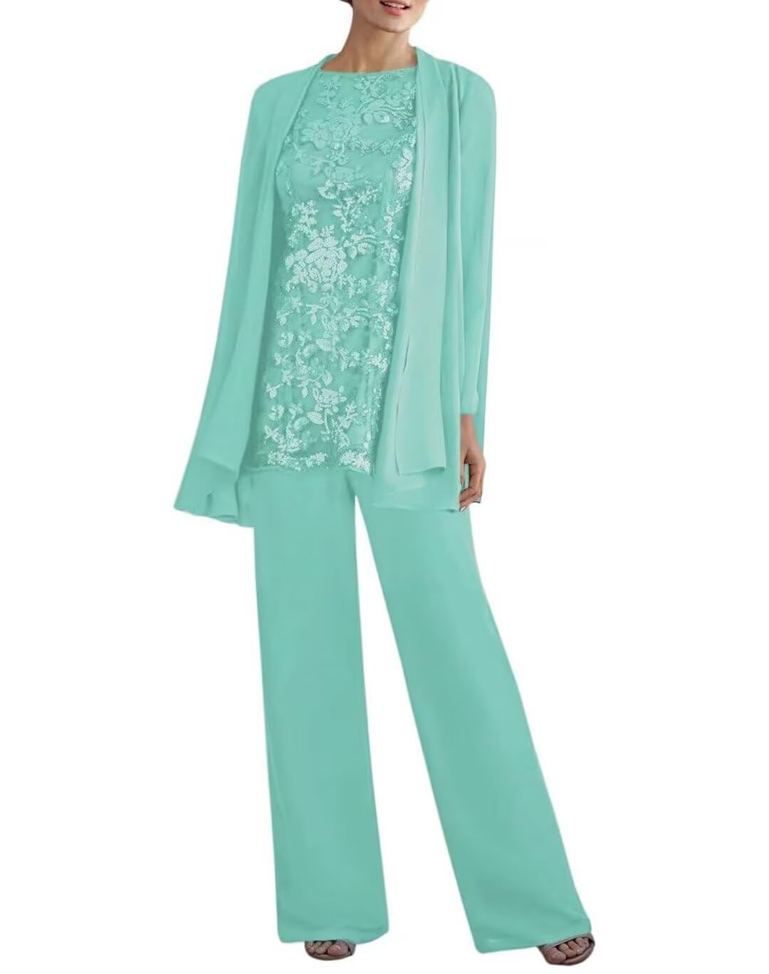 YAUTKA 3 Pieces Pant Suits for Wedding Long Sleeve Lace Chiffon Dressy Formal Outfits for Women 2025 with