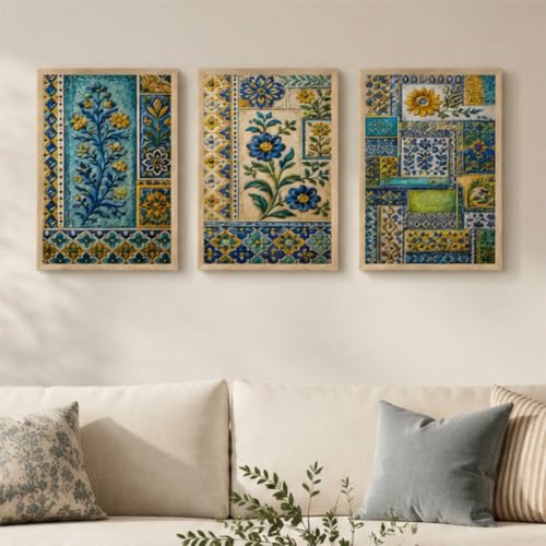 Image of Livin'luxe Set of 3 Blue Yellow Floral Tile Wall Paintings for Living Room Dining Bedroom Home Decor with Premium Wooden Color Synthetic Frame (13.5 x 19.5 Inch) NM03-70